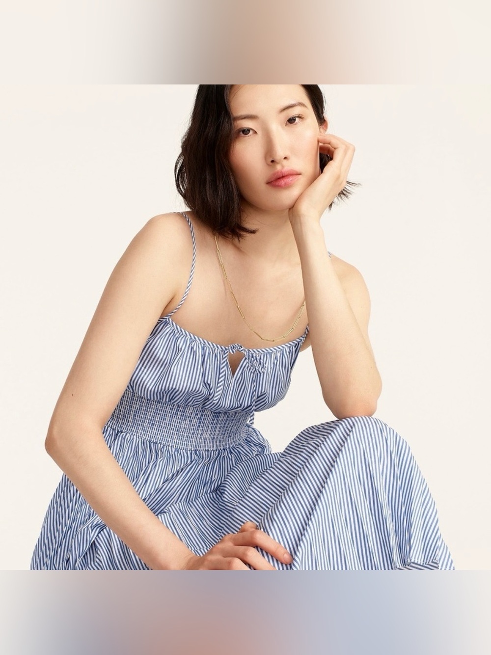 NWT J Crew Smocked-waist Pleated Dress in Stripe Banker Blue White